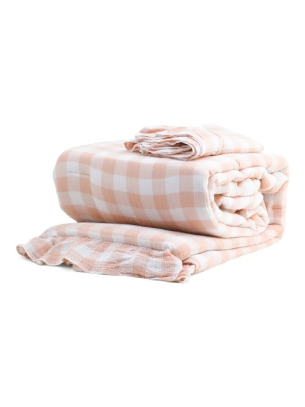 MAGASCHONI Dusty Pink Gingham Ruffled Cotton Gauze Comforter Set